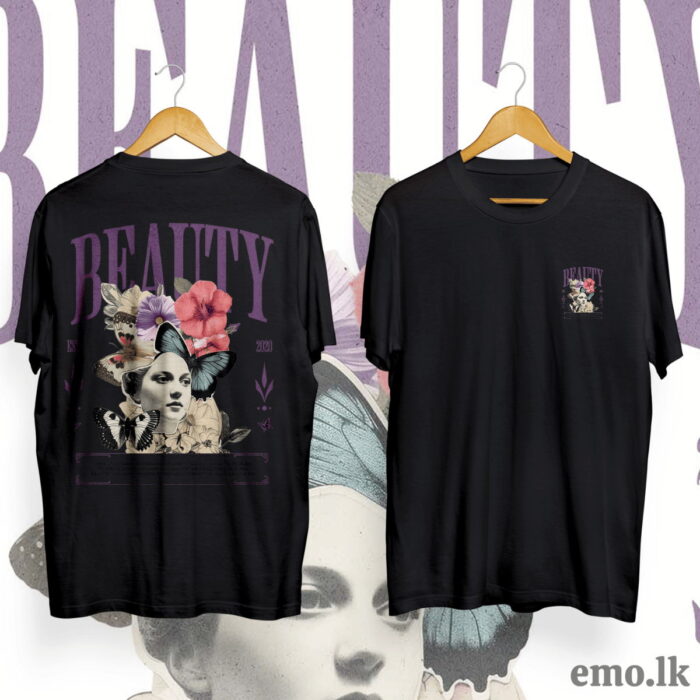 "BEAUTY" FLORAL DESIGN BACK PRINTED T SHIRT