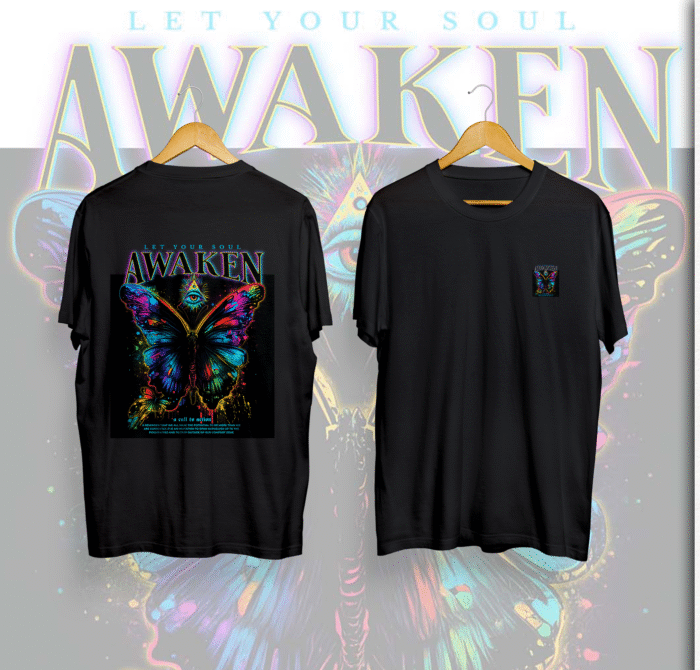 "LET YOUR SOUL AWAKEN" BUTTERFLY DESIGN BACK PRINTED T SHIRT FOR WOMEN