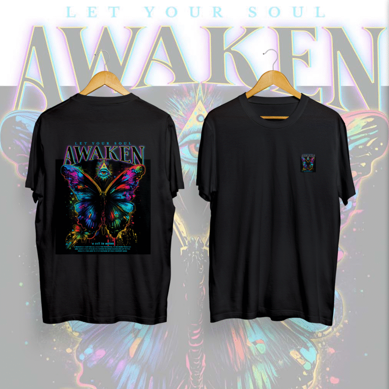 "LET YOUR SOUL AWAKEN" BUTTERFLY DESIGN BACK PRINTED T SHIRT FOR WOMEN