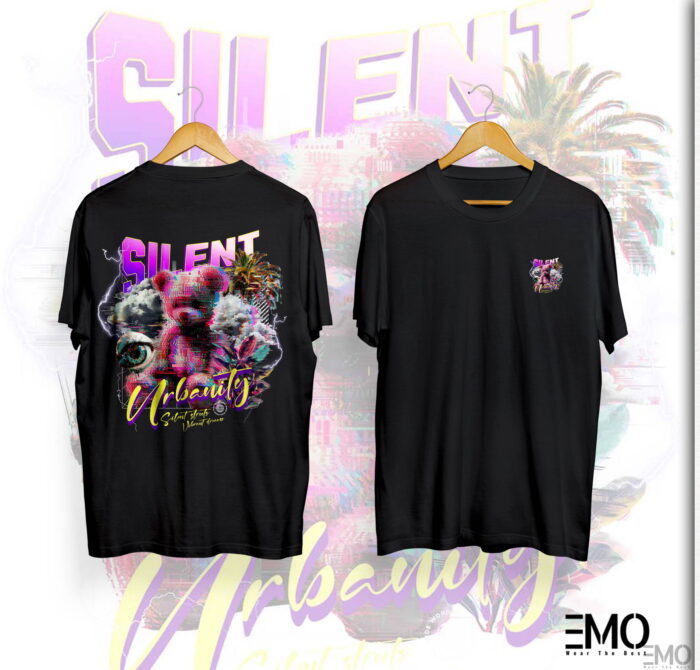 "SILENT URBANITY" TEDDY BEAR BACK PRINTED T SHIRT FOR WOMEN