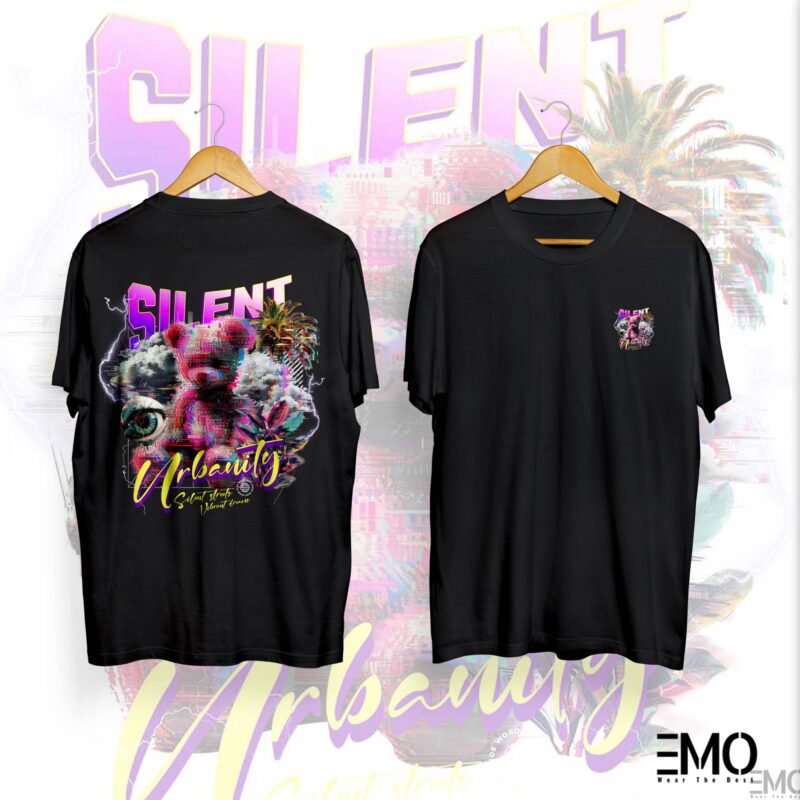 "SILENT URBANITY" TEDDY BEAR BACK PRINTED T SHIRT FOR WOMEN